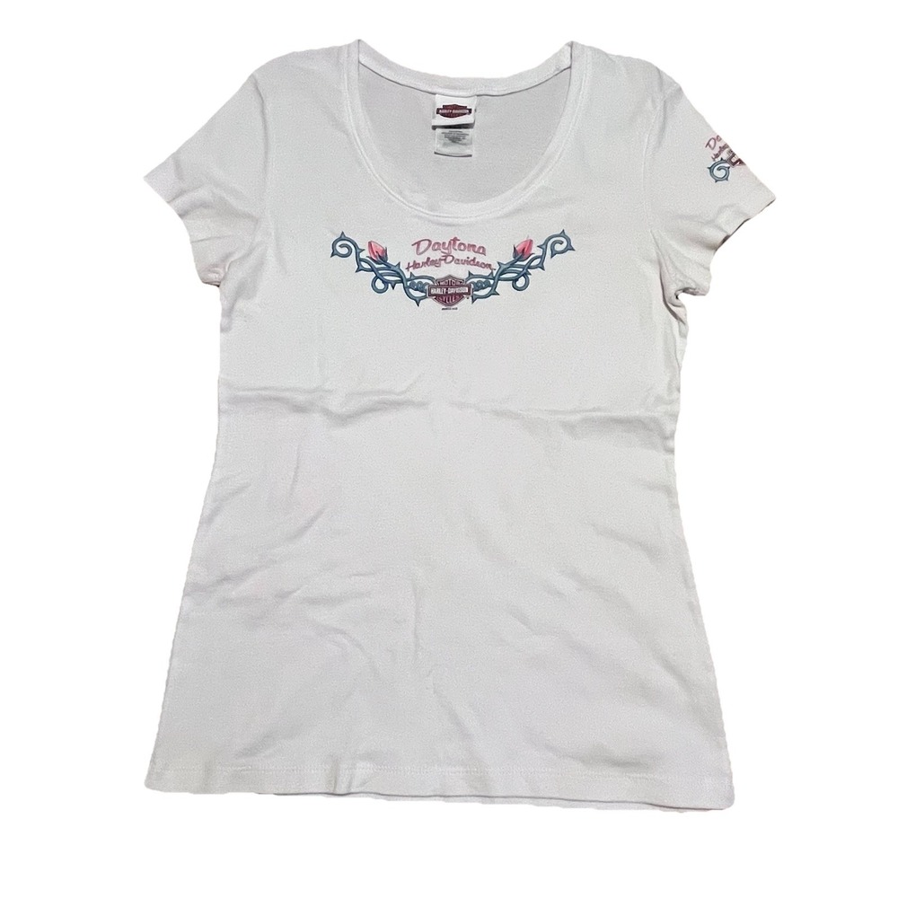 Harley Davidson Womens Large White Daytona Beach Short Sleeve 2013 USA Roses